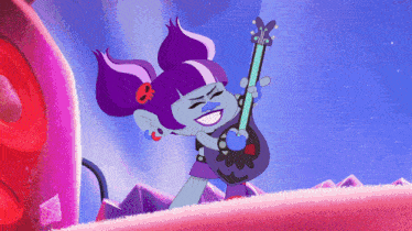a troll with purple hair is playing a guitar and smiling