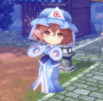 a little girl in a blue dress and hat is standing on a brick path