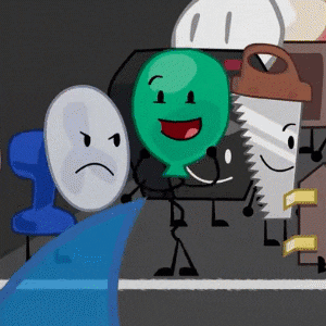 a group of cartoon characters including a green balloon and a saw are standing next to each other