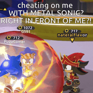 a screenshot of a video game that says " cheating on me with metal sonic right in front of me ? "
