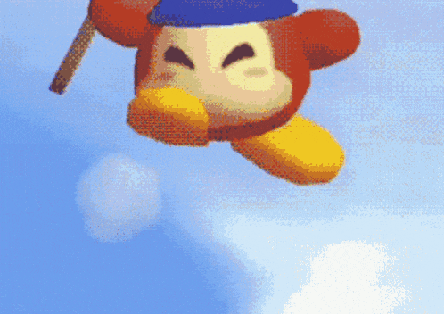 a cartoon character with a blue hat is flying in the sky