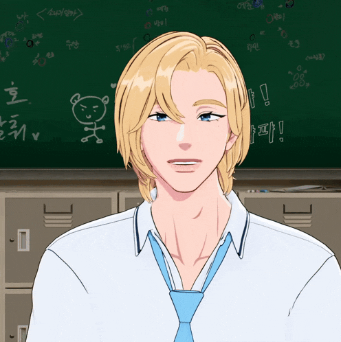 a man in front of a blackboard with korean writing