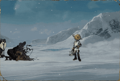 a man with a clock on his head stands in the snow