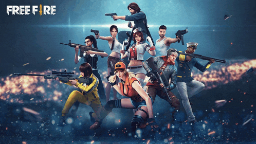 a group of people holding guns in front of a free fire sign