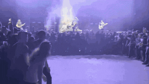a crowd of people standing in front of a stage watching a band perform