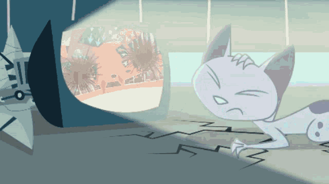 a cartoon cat is laying on the ground looking at a tv screen