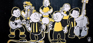 a cartoon drawing of a band playing instruments including an accordion
