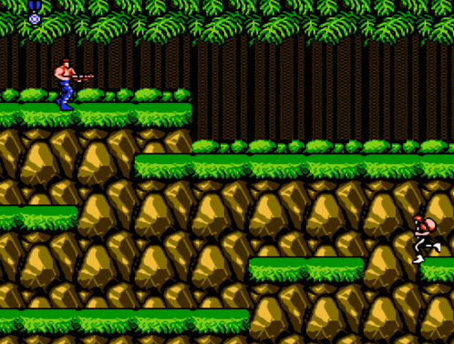 a video game scene with a man holding a gun and a woman walking