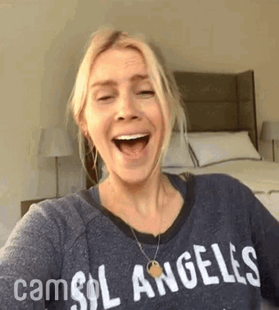 a woman wearing a shirt that says los angeles