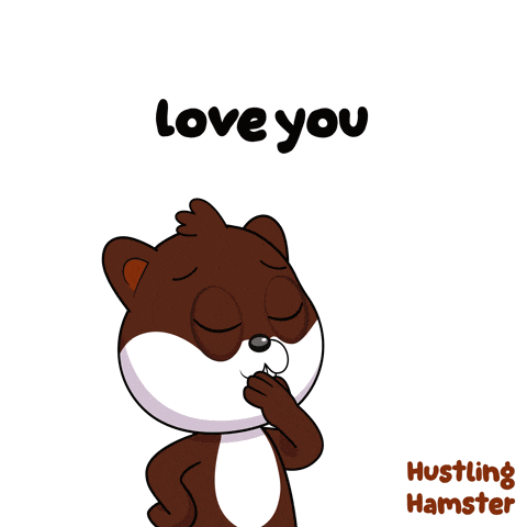 a cartoon hamster blowing a kiss with the words love you