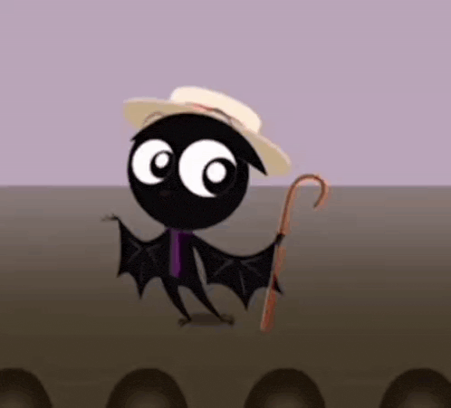 a black cartoon bat wearing a hat and tie is holding a cane .