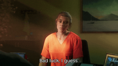 a woman in an orange shirt is saying bad luck i guess