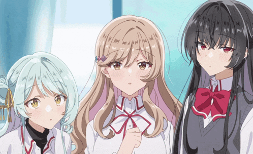 three anime girls are standing next to each other and one has a red bow tie