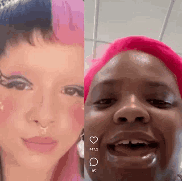a woman with pink hair is next to a woman with black hair .