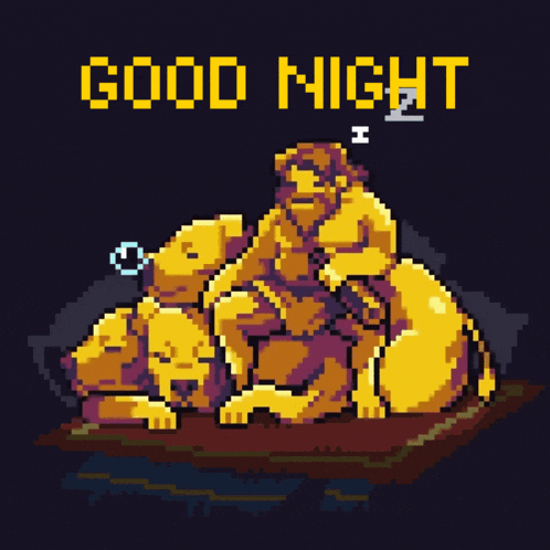 a pixel art of a statue of a lion with the words good night