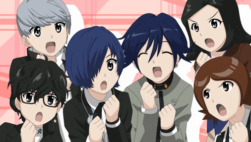 a group of anime characters standing next to each other with their fist in the air