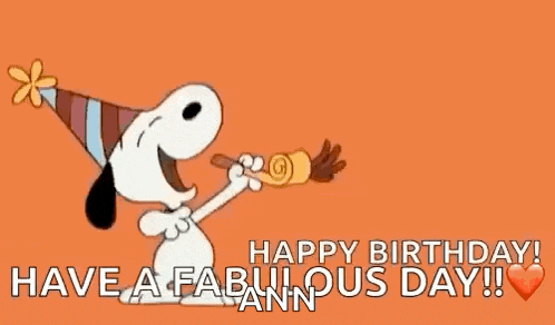 snoopy is blowing a party horn and saying `` happy birthday ! have a fabulous day !! ''