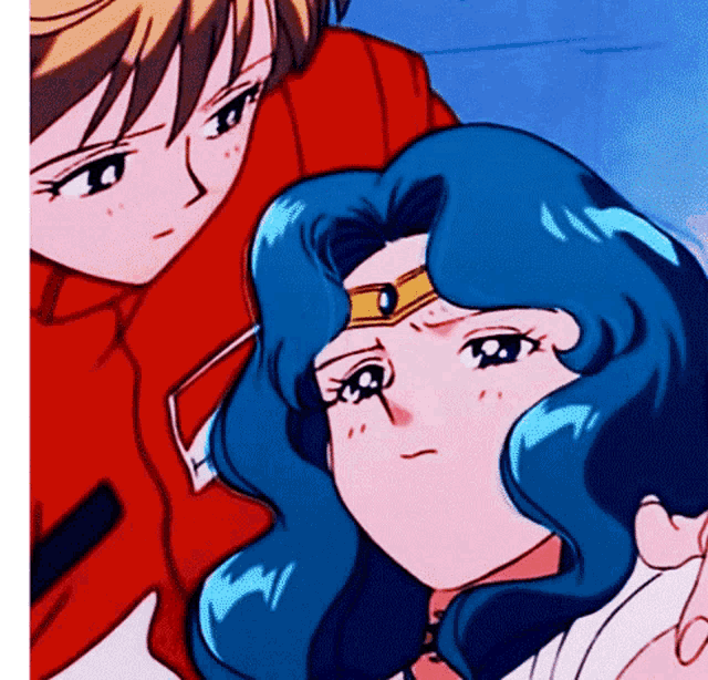a girl with blue hair and a gold crown on her head