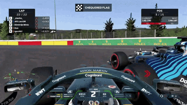 a chequered flag is displayed above a race car in a video game