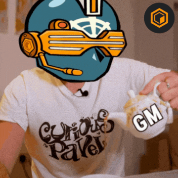 a man wearing a curious pavel t-shirt is pouring something into a cup