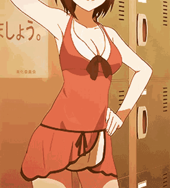 a girl in a red dress is standing in front of a sign that says ' e '