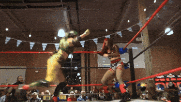 two women are wrestling in a ring with a sign that says ' i love you ' on it