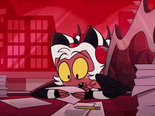 a cartoon character is sitting at a desk with a stack of papers and a pencil