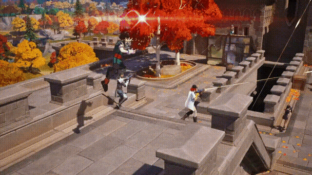 a group of people are playing a video game on a rooftop with a tree in the background .