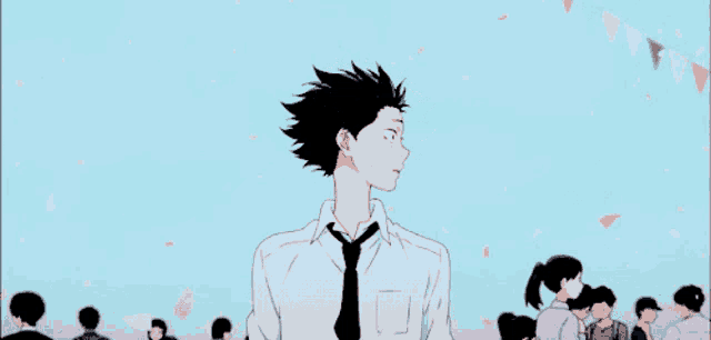 a man in a white shirt and tie stands in a crowd of people