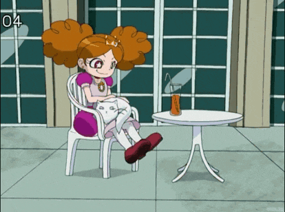a cartoon girl sits in a chair next to a table with the number 04 on the bottom