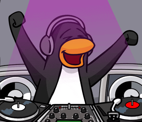 a cartoon of a penguin wearing headphones behind a turntable