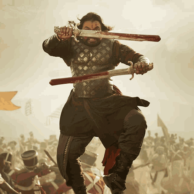 a man in armor is holding two swords in a battle scene