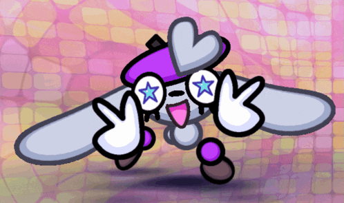 a cartoon character with a purple hat and hearts on his face