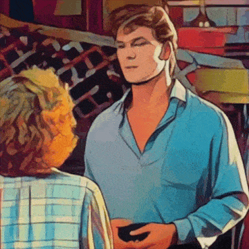 a painting of a man in a blue shirt talking to another man