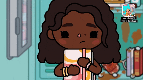 a cartoon of a girl holding a book with a toco life world icon in the corner