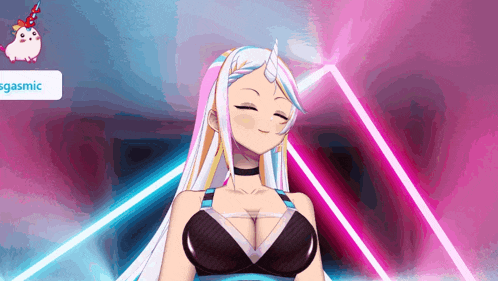 a girl with a horn on her head is smiling in front of a sign that says sgasmic