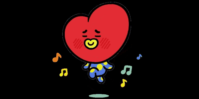 a cartoon drawing of a red heart with a yellow heart in its mouth on a black background