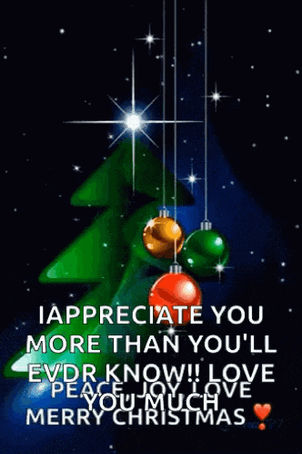 i appreciate you more than you 'll ever know ! love peace joy love you much merry christmas !