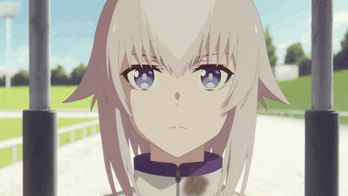 a girl with white hair and blue eyes is wearing a white and purple jacket