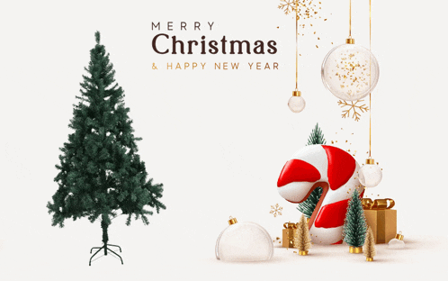a merry christmas and happy new year card with a christmas tree and candy cane