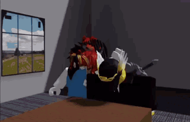 a video game character is laying on a couch in a room with a window .