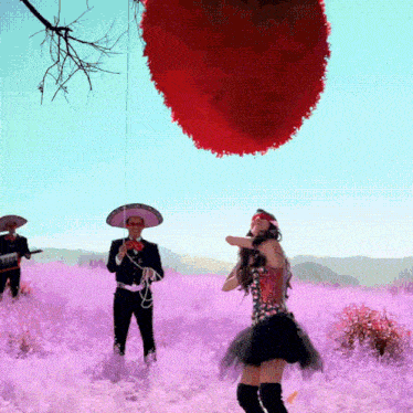 a man in a sombrero is playing a guitar in a field of flowers