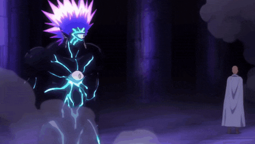 a man in a white cape stands in front of a purple monster with a glowing eye