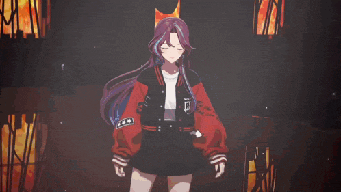 a girl in a red jacket is standing in front of a burning building .