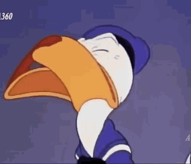 donald duck is yawning with his mouth wide open .