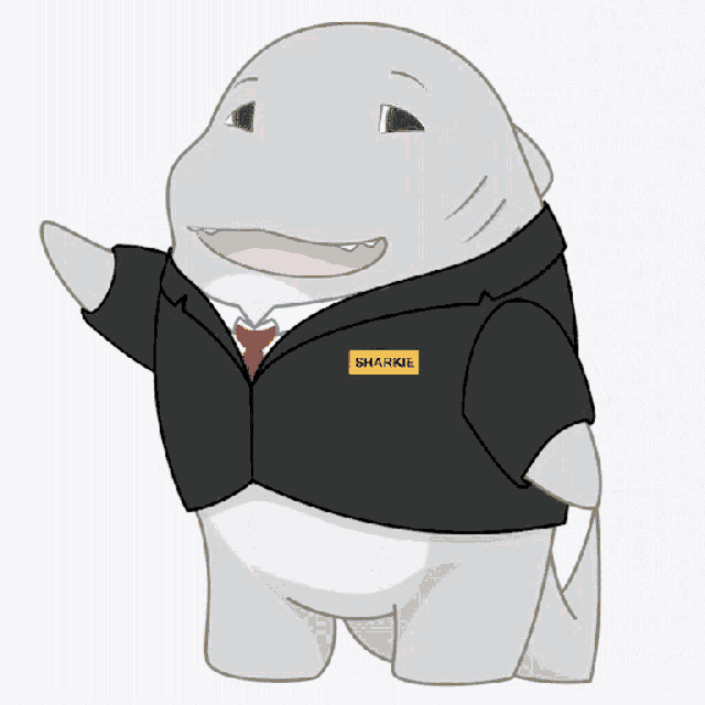 a cartoon drawing of a shark wearing a suit and tie with a name tag that says sharkie