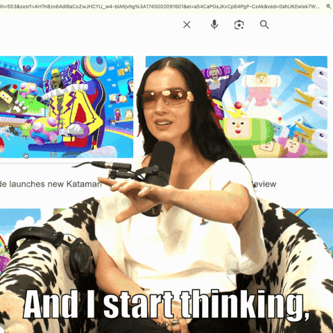 a woman sitting in a chair with a microphone and the words " and i start thinking " below her