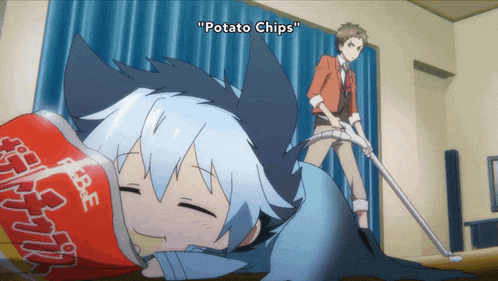 a cartoon character is laying on the floor with a bag of potato chips