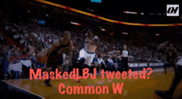 a basketball player is jumping in the air with the caption maskedlbj tweeted