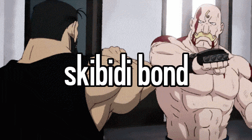 a man with a mustache is fighting another man with the words skibidi bond above him